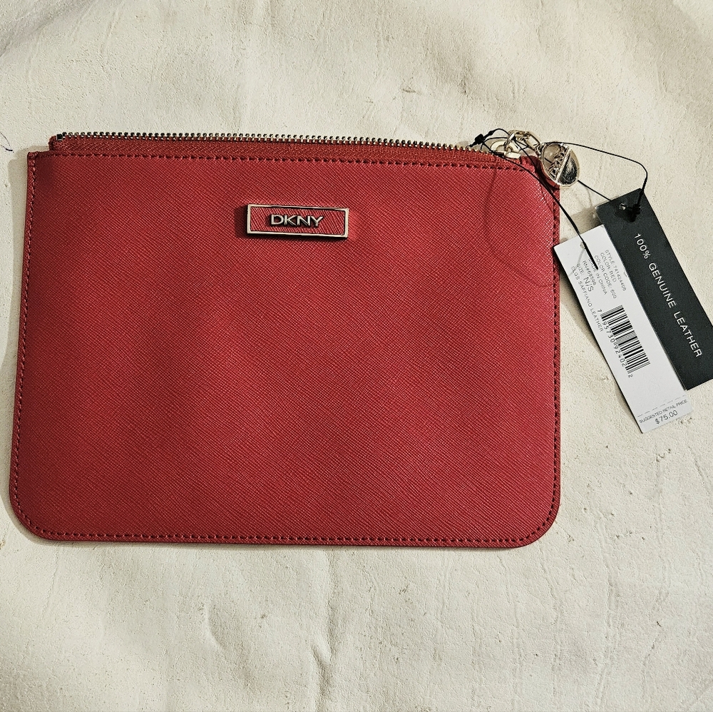 DKNY Donna Karan NY Red Saffiano Leather Small Zip Pouch Wristlet Cosmetic Case